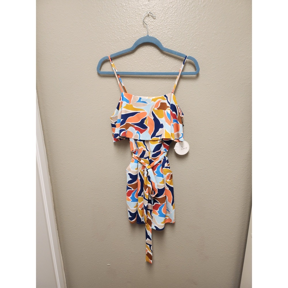 Milk & Honey Lagoon Romper Abstract Print Ruffle Cut Out Tie Waist Multi Color S